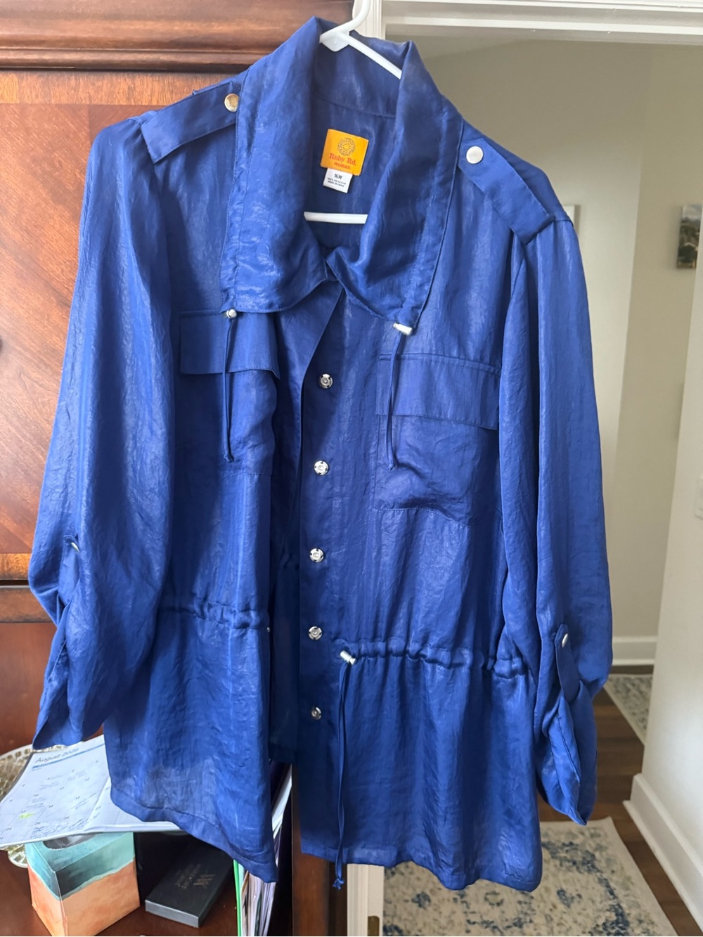 Silky Blue Button-Front Utility Shirt Jacket
